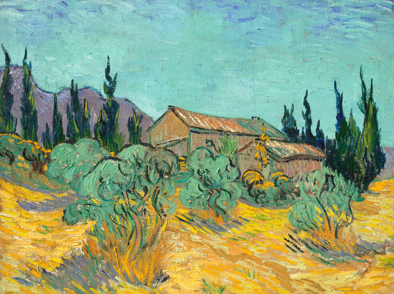 Cabanes de bois parmi les oliviers et cyprès (1889)