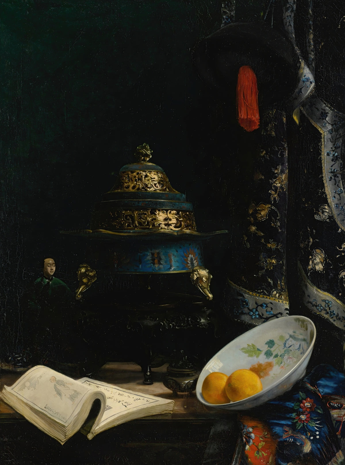 Still Life Featuring An 18th Century Chinese Censer, Porcelain Enameled Dish And Qing Dynasty Courtier’s Hat