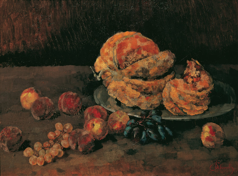 Stillleben mit Kürbis, Pfirsich und Weintrauben (1884)