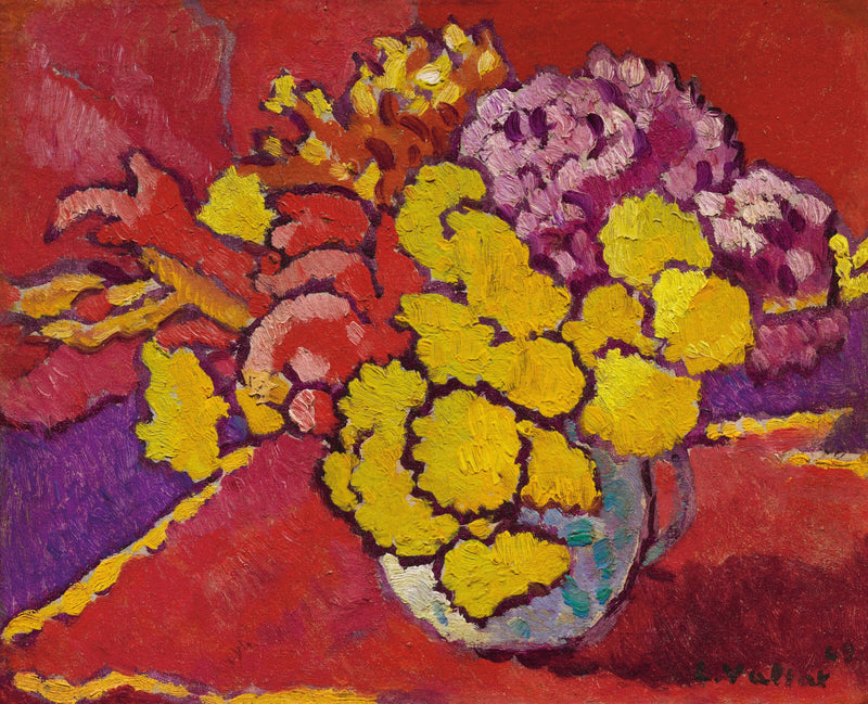 Fleurs jaunes, draperie rouge (1944)
