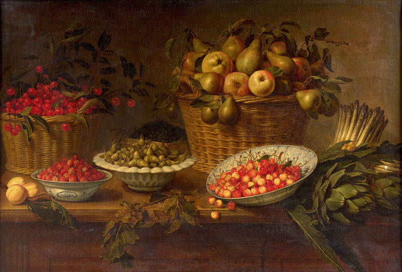 Basket of cherries, bowls of wild strawberries and hazelnuts, baskets of blueberries, pears and quinces